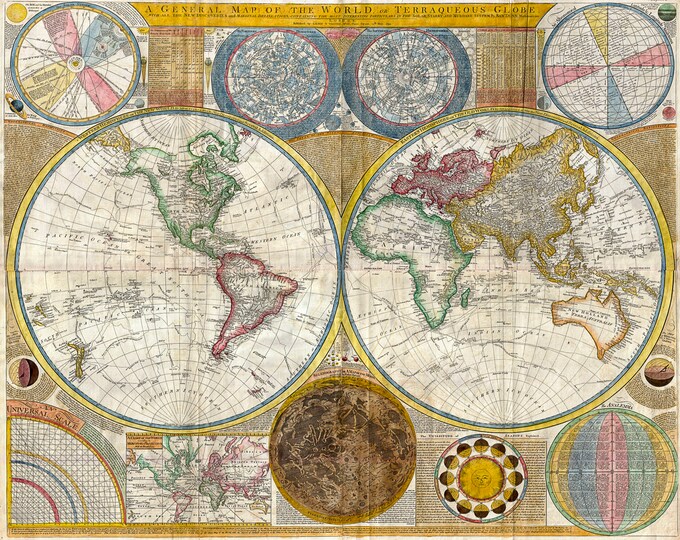 Geographicus, Samuel Dunn Wall Map of the World in Hemispheres, 1794 | Art Print | Canvas Print | Fine Art Poster | Art Reproduction
