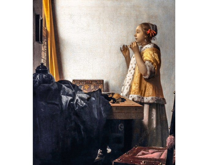 Vermeer, Woman with a Pearl Necklace, 1664 | Art Print | Canvas Print | Fine Art Poster | Art Reproduction | Archival Giclee | Gift Wrapped