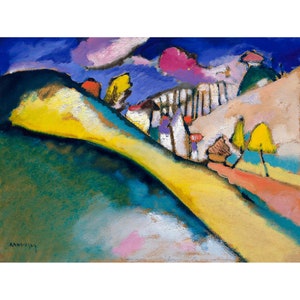 May include: An abstract painting depicting a landscape with a yellow hill in the foreground, a village in the middle ground, and a blue sky with pink clouds in the background. The painting is executed in a style reminiscent of Expressionism.