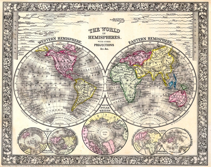 Geographicus, Mitchell Map of the World on Hemisphere Projection, 1864 | Art Print | Canvas Print | Fine Art Poster | Art Reproduction