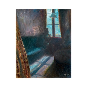May include: A painting depicting a room with a window, a sofa, and a table. The window is open, revealing a cityscape view. The sofa is dark green and the table is round. The room is illuminated by a lamp hanging from the ceiling. The painting is executed in a style reminiscent of Impressionism.