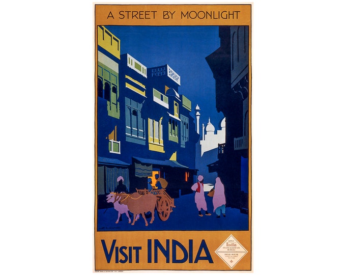 Visit India, A Street by Moonlight, Travel Ad | Art Print | Canvas Print | Fine Art Poster | Art Reproduction | Archival Giclee | Gift Wrap