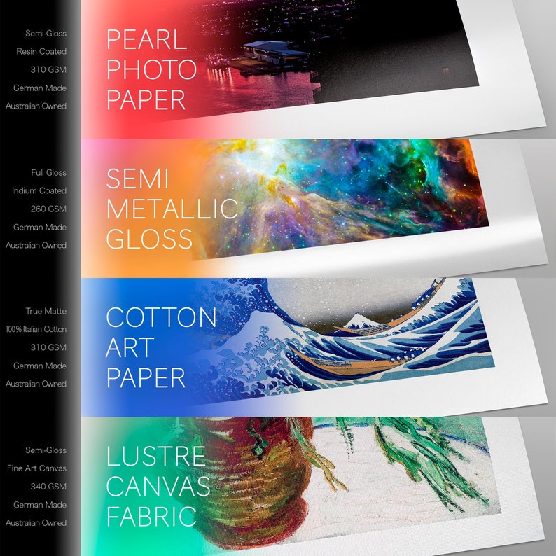 Puede incluir: Cuatro tipos diferentes de papel fotogr&aacute;fico, cada uno con un acabado y una textura diferentes. Los tipos de papel son Pearl Photo Paper, Semi Metallic Gloss, Cotton Art Paper y Lustre Canvas Fabric. Cada tipo de papel se muestra con una imagen diferente impresa en &eacute;l.