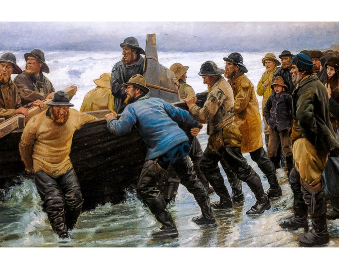 Michael Ancher - Fishermen launching a rowing boat, 1881 | Art Print | Canvas Print | Fine Art Poster | Art Reproduction | Archival Giclee