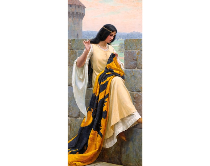 Edmund Leighton, Stitching the Standard, 1911 | Art Print | Canvas Print | Fine Art Poster | Art Reproduction | Archival Giclee | Gift Wrap