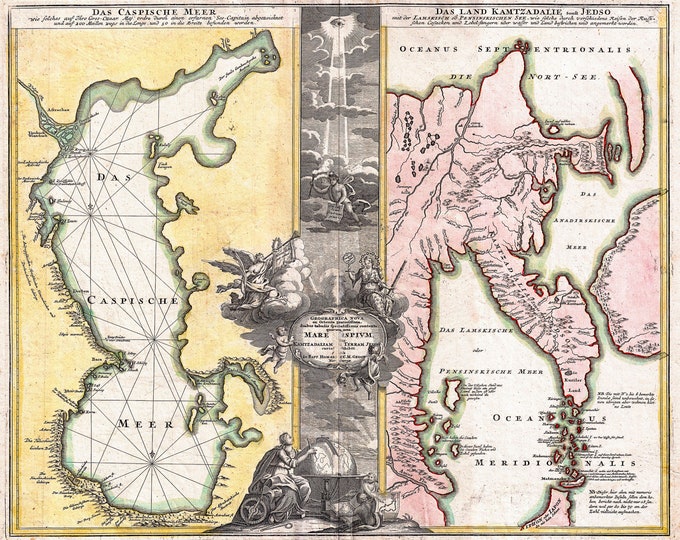 Geographicus, Homann Map of the Caspian Sea and Kamchatka, 1725 | Art Print | Canvas Print | Fine Art Poster | Art Reproduction | Archival