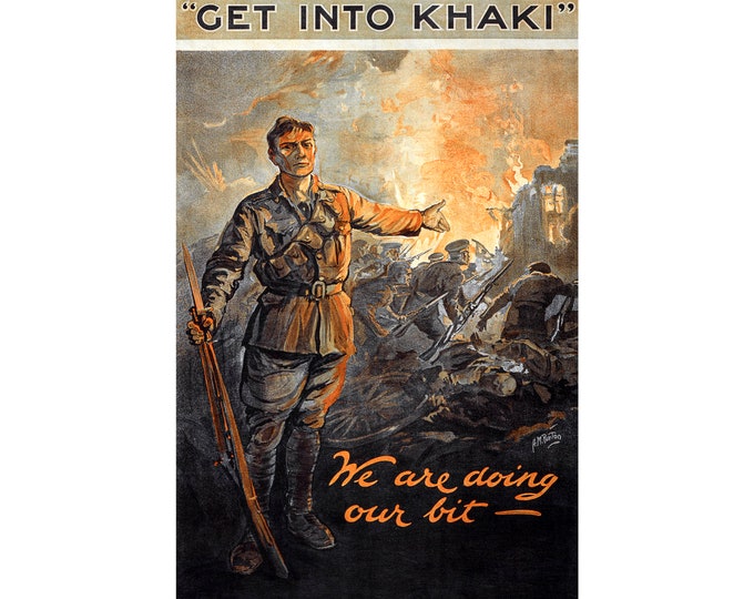 War Propaganda Poster, Get into Khaki | Art Print | Canvas Print | Fine Art Poster | Art Reproduction | Archival Giclee | Gift Wrapped