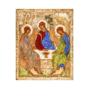 May include: A religious icon depicting the Holy Trinity, three figures with halos, seated at a table with a chalice in the center. The figures are painted in a traditional style with vibrant colors, including red, blue, green, and gold.