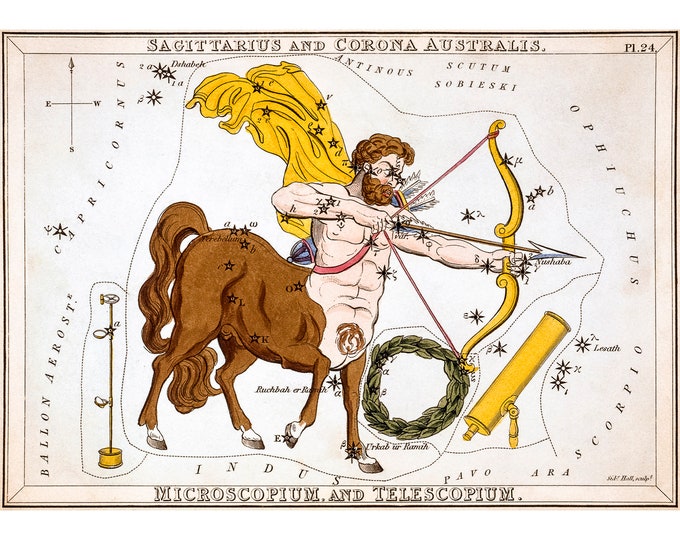 Sagittarius Astrology Poster, Sidney Hall, Urania's Mirror, Sagittarius And Corona Australis, Microscopium, And Telescopium | Art Print