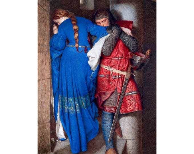 Frederic William Burton: Hellelil and Hildebrand, the meeting on the turret stairs, 1864 | Art Reproduction | Archival Giclee