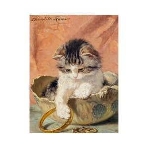 Henriette Ronner-Knip, A kitten playing with jewelry, Cat Print | Art Print | Canvas Print | Fine Art Poster | Art Reproduction | Archival