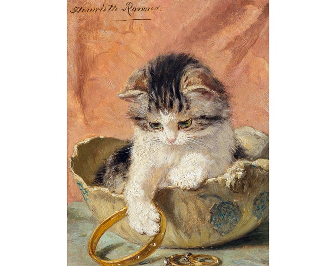 Henriette Ronner-Knip, A kitten playing with jewelry, Cat Print | Art Print | Canvas Print | Fine Art Poster | Art Reproduction | Archival
