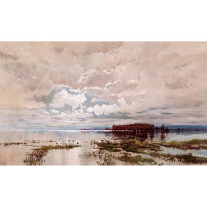 Puede incluir: Una pintura de un paisaje con un lago en primer plano y un cielo nublado. El lago est&aacute; tranquilo y refleja el cielo. Hay &aacute;rboles en la distancia y algunas aves en el agua.