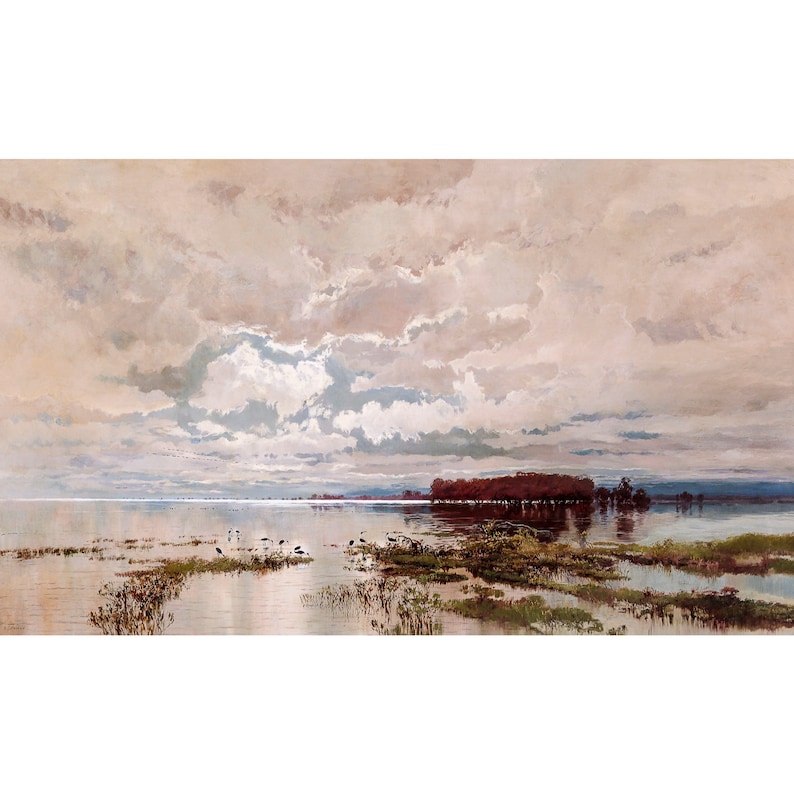 Puede incluir: Una pintura de un paisaje con un lago en primer plano y un cielo nublado. El lago est&aacute; tranquilo y refleja el cielo. Hay &aacute;rboles en la distancia y algunas aves en el agua.