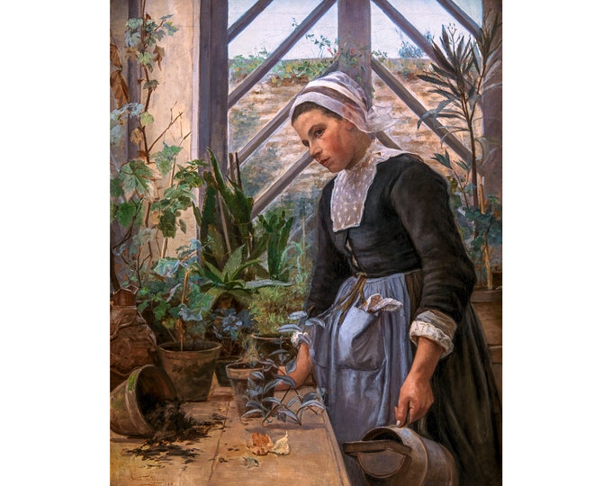 Anna Petersen, Breton Girl Looking After Plants in the Hothouse, 1884 | Art Print | Canvas Print | Fine Art Poster | Art Reproduction