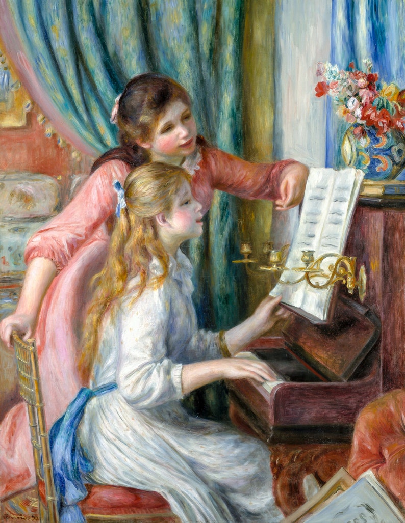 2 Young girls at the piano by Pierre-Auguste Renoir Giclee Repro on Canvas