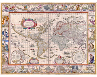 Antique Map of the World – Willem Blaeu, (1635), Canvas Print or Fine Art Giclee – Enhanced