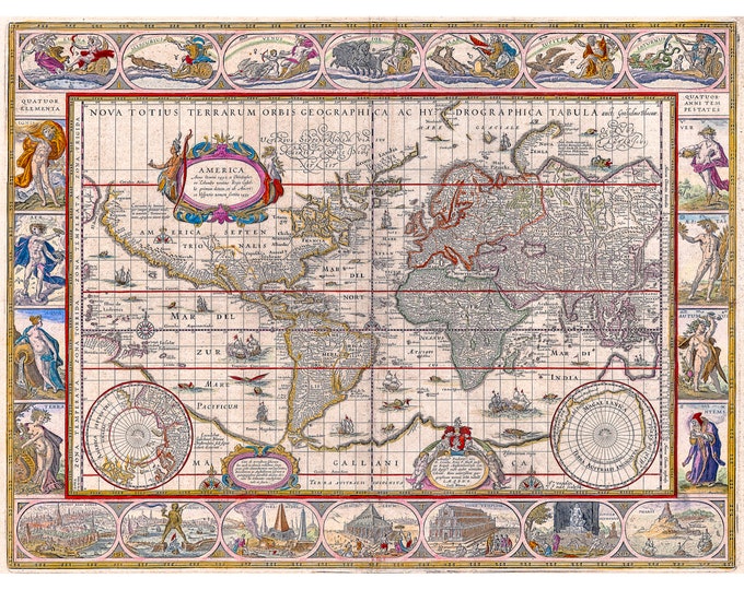 Antique Map of the World, Willem Blaeu, 1635 | Art Print | Canvas Print | Fine Art Poster | Art Reproduction | Archival Giclee | Gift Wrap