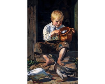 Michael Ancher, A boy feeding the ducks, 1879 | Art Print | Canvas Print | Fine Art Poster | Art Reproduction | Archival Giclee | Gift Wrap