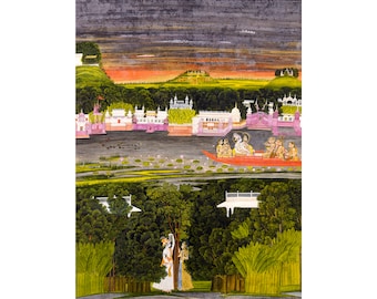 Nihal Chand, Radha and Krishna in the boat of love, 1755 | Art Print | Canvas Print | Fine Art Poster | Art Reproduction | Archival Giclee