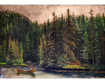 Albert Bierstadt, Indian Hunters in Canoe | Art Print | Canvas Print | Fine Art Poster | Art Reproduction | Archival Giclee | Gift Wrapped