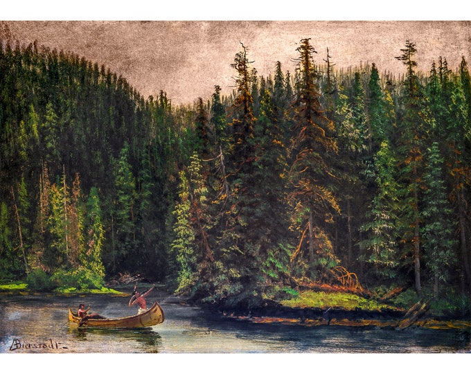 Albert Bierstadt, Indian Hunters in Canoe | Art Print | Canvas Print | Fine Art Poster | Art Reproduction | Archival Giclee | Gift Wrapped
