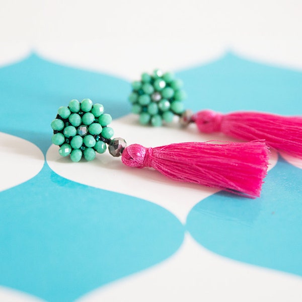 Fuchsia tassel earrings, turquoise earrings, fringe earrings, trendy jewelry, tuquoise earrings, boho earrings, summer earrings, hot pink