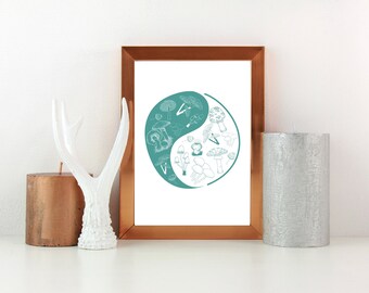 Mushroom Yin Yang Art Print: Psychedelic Botanical Wall Art (Digital Download)