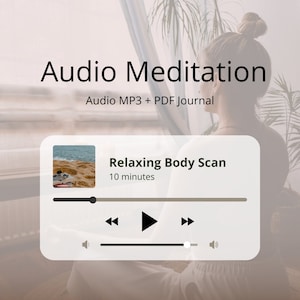 May include: A digital audio player interface with a beach scene image. The title is "Relaxing Body Scan" and the duration is 10 minutes. The play button is highlighted.