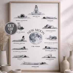 Yoga Asana Poster Set Watercolor Illustration New Moon Yin Yoga Studio Decor Yoga Room Wall Art Yoga Poses Printable Yin Yoga Sequence Print