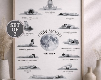 Yoga Asana Poster Set Watercolor Illustration New Moon Yin Yoga Studio Decor Yoga Room Wall Art Yoga Poses Printable Yin Yoga Sequence Print