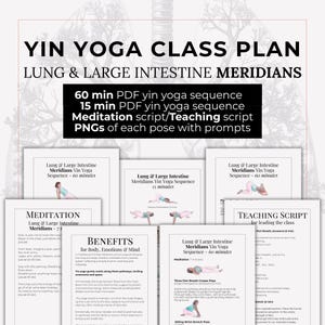 May include: A digital download titled "Yin Yoga Class Plan" with text including "Lung & Large Intestine Meridians." The image features several documents with yoga poses and meditation instructions. The plan includes 60-minute and 15-minute sequences.