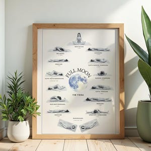 May include: A framed poster with a light wood frame displays a Yin Yoga chart. The chart features illustrations of yoga poses, a blue full moon graphic, and the words "Full Moon Yin Yoga". The poster is displayed on a light wood floor.
