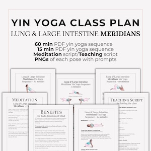 May include: A collection of printable Yin Yoga class plans, including a 60-minute sequence, a 15-minute sequence, meditation and teaching scripts, and PNGs of poses. The title reads "Yin Yoga Class Plan" with the focus on Lung & Large Intestine Meridians.