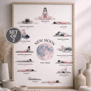 May include: A framed print titled "New Moon Yin Yoga" featuring illustrations of various yoga poses. The artwork includes a large, light blue moon graphic and the text "Set of 2". The poses are labeled with their names and time durations.