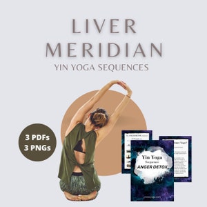 Puede incluir: Una mujer con un top verde está haciendo una pose de yoga. La imagen es una descarga digital de tres PDF y tres PNG de secuencias de yin yoga para el meridiano del hígado. El título de la secuencia es "Desintoxicación de la ira".