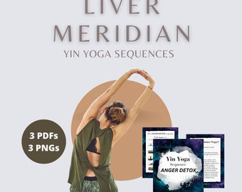 Könnte beinhalten: Eine Frau in einem grünen Tanktop macht eine Yoga-Pose. Das Bild ist ein digitaler Download von drei PDFs und drei PNGs von Yin-Yoga-Sequenzen für den Lebermeridian. Der Titel der Sequenz lautet "Anger Detox".