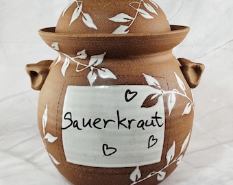 Handgemaakte keramische fermentatiekruik: 64oz en 520z bruine kleibeitspot met witte bladeren