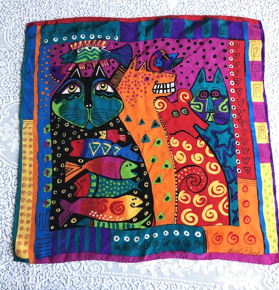 Vintage Laurel Burch Cat Themed Scarf - image 1