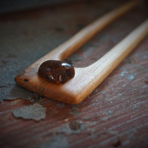 Handmade apple tree amber gemstone wooden hair comb pin/French Pin, wood fork eco organic, handcrafted wood hair accessories, natural cute