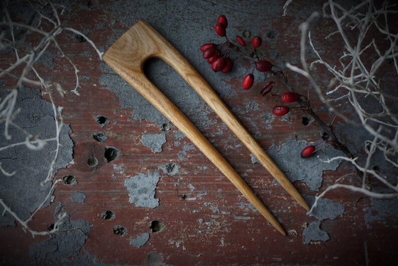 Handmade apple tree wooden haircombpinwood fork eco organichandcraft wood beeswax flax oil 2 prong hair accessories unique Scandinavian