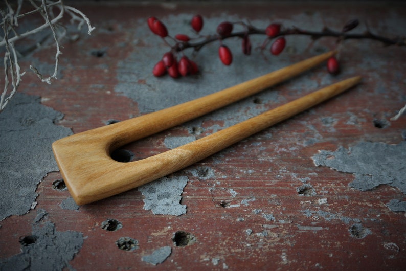 Handmade apple tree wooden haircombpinwood fork eco organichandcraft wood beeswax flax oil 2 prong hair accessories unique Scandinavian