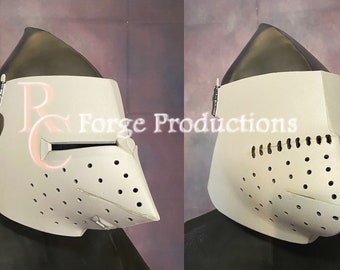 May include: A white helmet with a visor and a face mask with holes. The helmet is made of metal and has a textured surface. The helmet is on a display stand.
