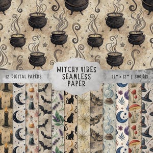 May include: Digital paper set featuring a repeating pattern of black cauldrons with steam, stars, and swirls on a beige background. The set includes 12 seamless digital papers with witchy-themed illustrations, including bats, moons, and potion bottles. Each paper is 12" x 12".