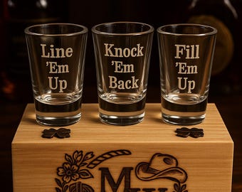 Morgan Wallen engraved Shot glasses with box Western Country Music Theme Line em up, Knock em back, fill em up lyrics in box
