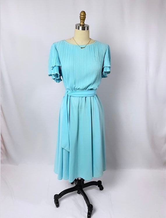 70s blue dress/ pleated aline /vintage dress/ siz… - image 4