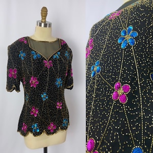 1980s sequin top/ vintage beaded blouse