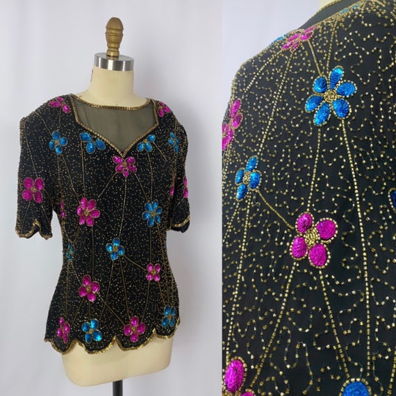 1980s sequin top/ vintage beaded blouse - image 1