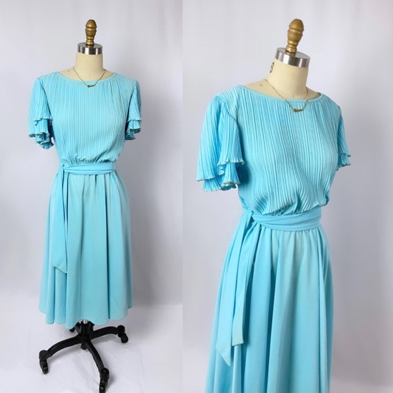 70s blue dress/ pleated aline /vintage dress/ siz… - image 1