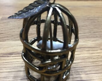 Remnants-vintage Trunkets by Prima Marketing Inc.-Bird cage bronze with white bird-4 cm
